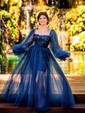 Ball Gown Sweetheart Puff Sleeve Tulle Prom Dresses With Beading