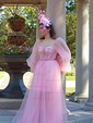 Ball Gown Sweetheart Puff Sleeve Tulle Prom Dresses With Beading