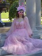 Ball Gown Sweetheart Puff Sleeve Tulle Prom Dresses With Beading
