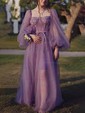 Ball Gown/Princess Sweep Train Sweetheart Tulle Long Sleeves Beading Prom Dresses