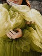 Ball Gown Sweetheart Puff Sleeve Tulle Prom Dresses With Beading