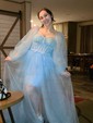 Ball Gown Sweetheart Puff Sleeve Tulle Prom Dresses With Beading