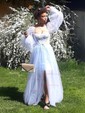Ball Gown Sweetheart Puff Sleeve Tulle Prom Dresses With Beading