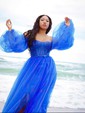 Ball Gown Sweetheart Puff Sleeve Tulle Prom Dresses With Beading