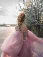 Ball Gown Sweetheart Puff Sleeve Tulle Prom Dresses With Beading
