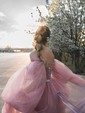 Ball Gown/Princess Sweep Train Sweetheart Tulle Long Sleeves Beading Prom Dresses