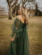 Ball Gown Sweetheart Puff Sleeve Tulle Prom Dresses With Beading