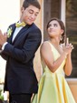 Ball Gown V-neck Satin Sweep Train Prom Dresses With Pockets