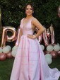 Ball Gown V-neck Satin Sweep Train Prom Dresses With Pockets