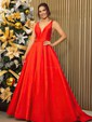 Ball Gown V-neck Satin Sweep Train Prom Dresses With Pockets