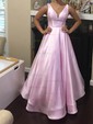 Ball Gown V-neck Satin Sweep Train Prom Dresses With Pockets