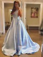 Ball Gown V-neck Satin Sweep Train Prom Dresses With Pockets