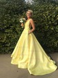 Ball Gown V-neck Satin Sweep Train Prom Dresses With Pockets