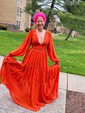 Ball Gown V-neck Puff Sleeve Chiffon Prom Dresses With Ruched