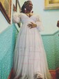 Ball Gown V-neck Puff Sleeve Chiffon Prom Dresses With Ruched