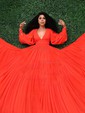 Ball Gown V-neck Puff Sleeve Chiffon Prom Dresses With Ruched