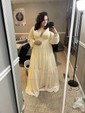 Ball Gown V-neck Puff Sleeve Chiffon Prom Dresses With Ruched