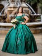 Ball Gown/Princess Floor-length Off-the-shoulder Satin Appliques Lace Prom Dresses