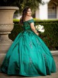 Ball Gown/Princess Floor-length Off-the-shoulder Satin Appliques Lace Prom Dresses