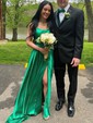 A-line Square Neckline Silk-like Satin Sweep Train Split Front Prom Dresses