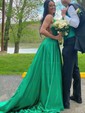 A-line Square Neckline Silk-like Satin Sweep Train Split Front Prom Dresses
