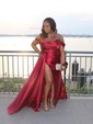 Sheath/Column Sweep Train Off-the-shoulder Silk-like Satin Ruffles Prom Dresses