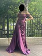 Sheath/Column Sweep Train Off-the-shoulder Silk-like Satin Ruffles Prom Dresses