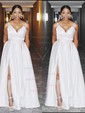 Black Ball Gown V-neck Satin Prom Dresses With Split
