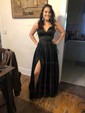 Black Ball Gown V-neck Satin Prom Dresses With Split