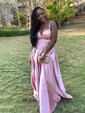 Black Ball Gown V-neck Satin Prom Dresses With Split