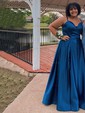 Black Ball Gown V-neck Satin Prom Dresses With Split