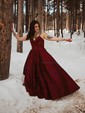 Black Ball Gown V-neck Satin Prom Dresses With Split