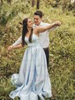 Black Ball Gown V-neck Satin Prom Dresses With Split