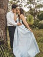 Black Ball Gown V-neck Satin Prom Dresses With Split