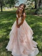 Ball Gown/Princess Sweep Train V-neck Glitter Cascading Ruffles Prom Dresses