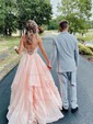 Ball Gown/Princess Sweep Train V-neck Glitter Cascading Ruffles Prom Dresses