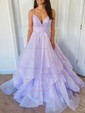 Ball Gown/Princess Sweep Train V-neck Glitter Cascading Ruffles Prom Dresses