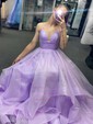 Ball Gown/Princess Sweep Train V-neck Glitter Cascading Ruffles Prom Dresses