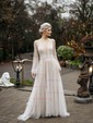 A-line Floor-length V-neck Tulle Long Sleeves Pearl Detailing Prom Dresses