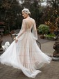 A-line Floor-length V-neck Tulle Long Sleeves Pearl Detailing Prom Dresses