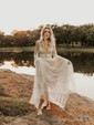 A-line Floor-length V-neck Tulle Long Sleeves Pearl Detailing Prom Dresses