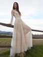 A-line Floor-length V-neck Tulle Long Sleeves Pearl Detailing Prom Dresses