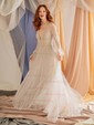 A-line Floor-length V-neck Tulle Long Sleeves Pearl Detailing Prom Dresses