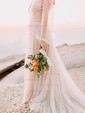 A-line Floor-length V-neck Tulle Long Sleeves Pearl Detailing Prom Dresses