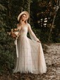 A-line Floor-length V-neck Tulle Long Sleeves Pearl Detailing Prom Dresses