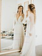A-line Floor-length V-neck Tulle Long Sleeves Pearl Detailing Prom Dresses