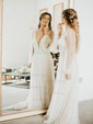 A-line Floor-length V-neck Tulle Long Sleeves Pearl Detailing Prom Dresses