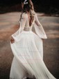 A-line Floor-length V-neck Tulle Long Sleeves Pearl Detailing Prom Dresses