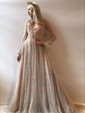 A-line Floor-length V-neck Tulle Long Sleeves Pearl Detailing Prom Dresses