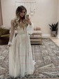 A-line Floor-length V-neck Tulle Long Sleeves Pearl Detailing Prom Dresses